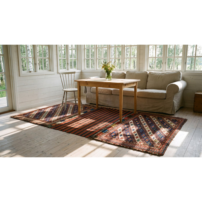 Tribal Geometric Antique Colorful Caucasian Soumak Saddle Rug