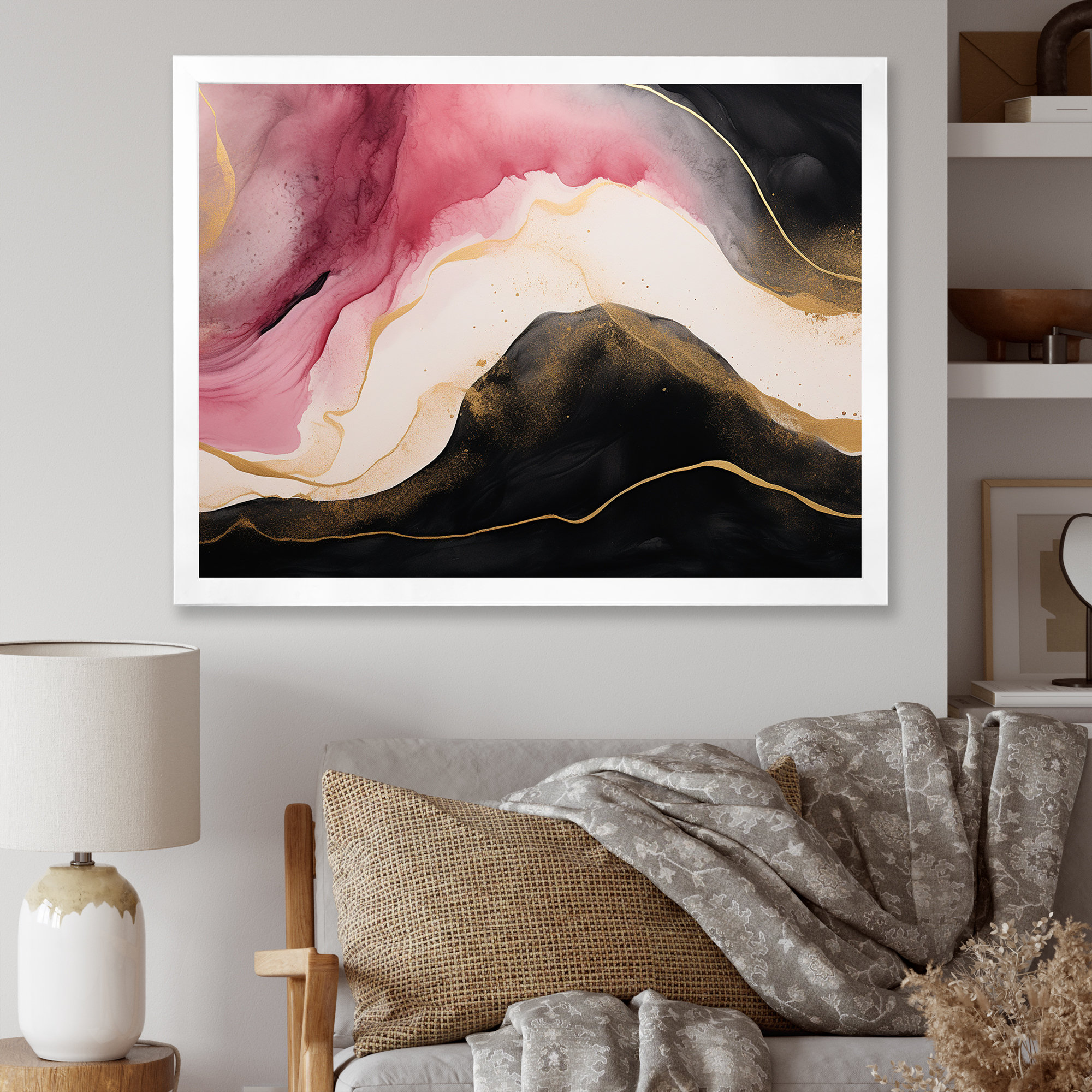 Mercer41 Abstract Gold Wave Pink And Black - Abstract Painting Wall Art ...