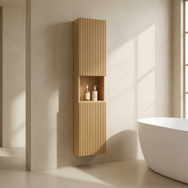 59" Tall Bathroom Wall Mounted Cabinet, Natural