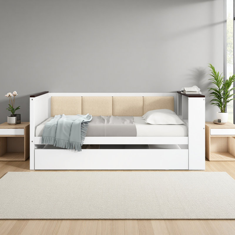 Wood Daybed With Storage Shelves, Upholstered Backrest,USB And Trundle, Full/Double