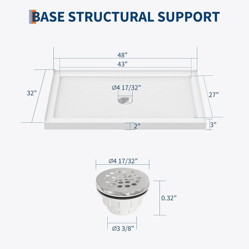 Left Drain Shower Pan - Single Threshold Base, Non-Slip Textured Surface, Lightweight ABS Shower Base, Easy Install Includes Drain Kit