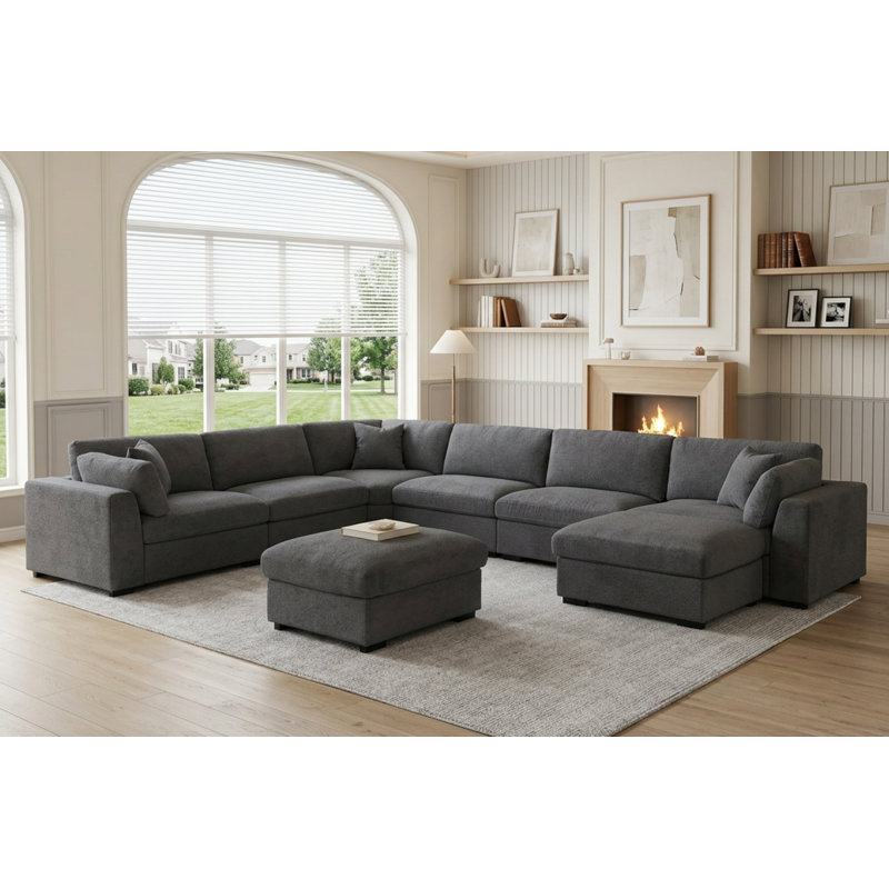 8-Piece Modular Sectional Sofa With 2 Ottomans, U-Shaped Configurable Living Room Couch, Dark Gray Polyester Blend
