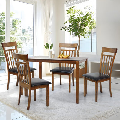 5 Piece Dining Table Set, 4 Classic Style Solid Wood Warm Chairs w Rectangular Table, Kitchen Room Set, PU Leather Cushions