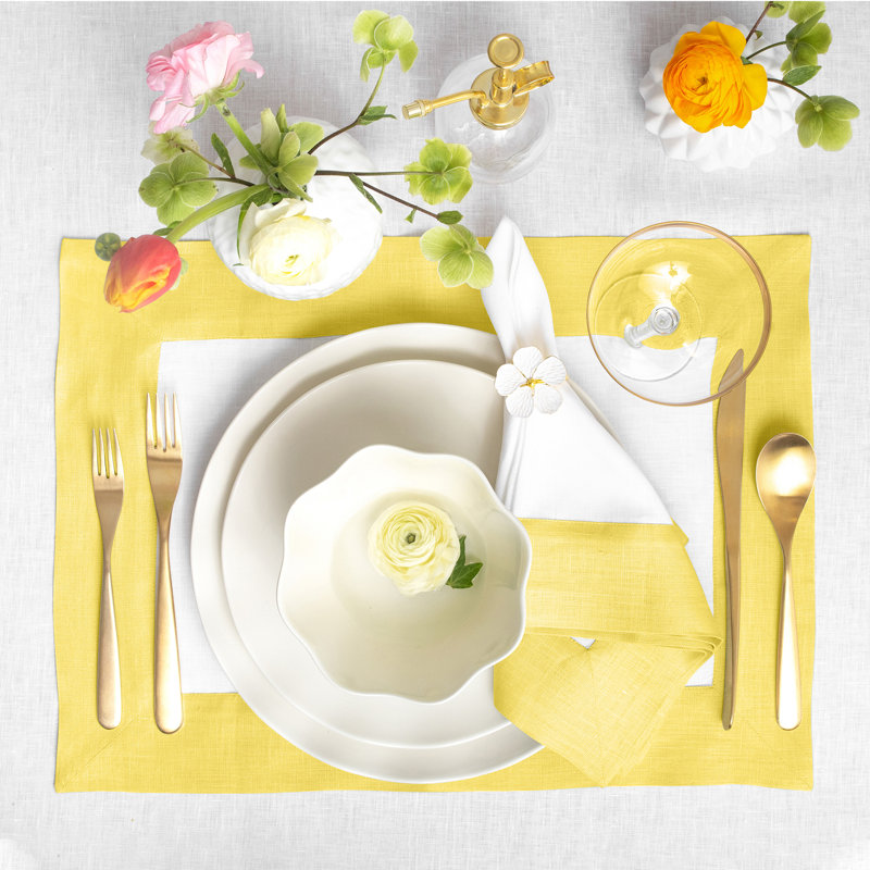 Contempo - 100% Pure Linen Dinner Napkins, Sunshine Yellow/White