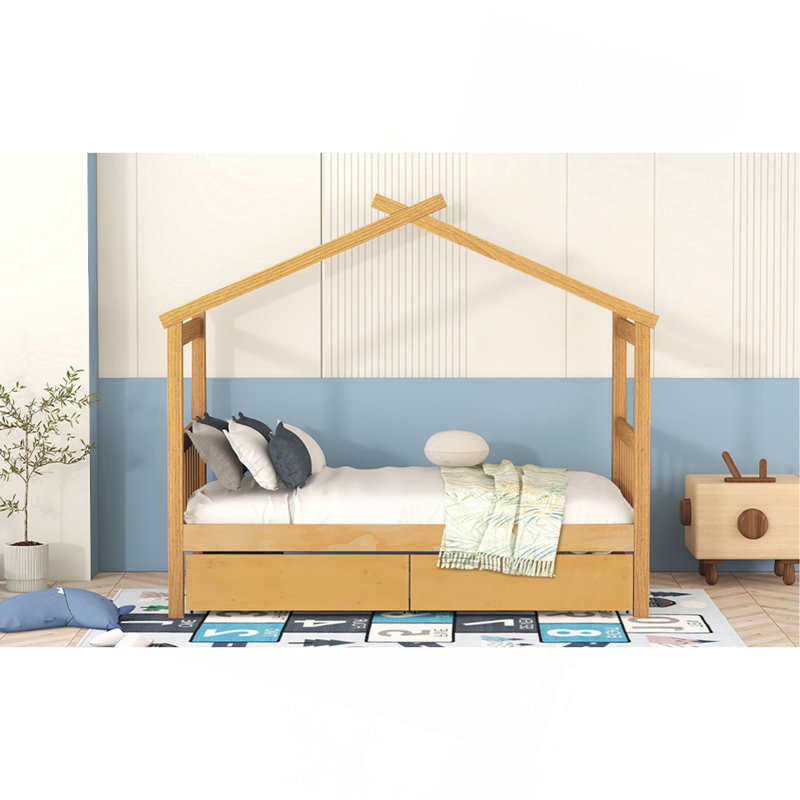 Lit simple en bois avec tiroirs, Lit simple, Naturel