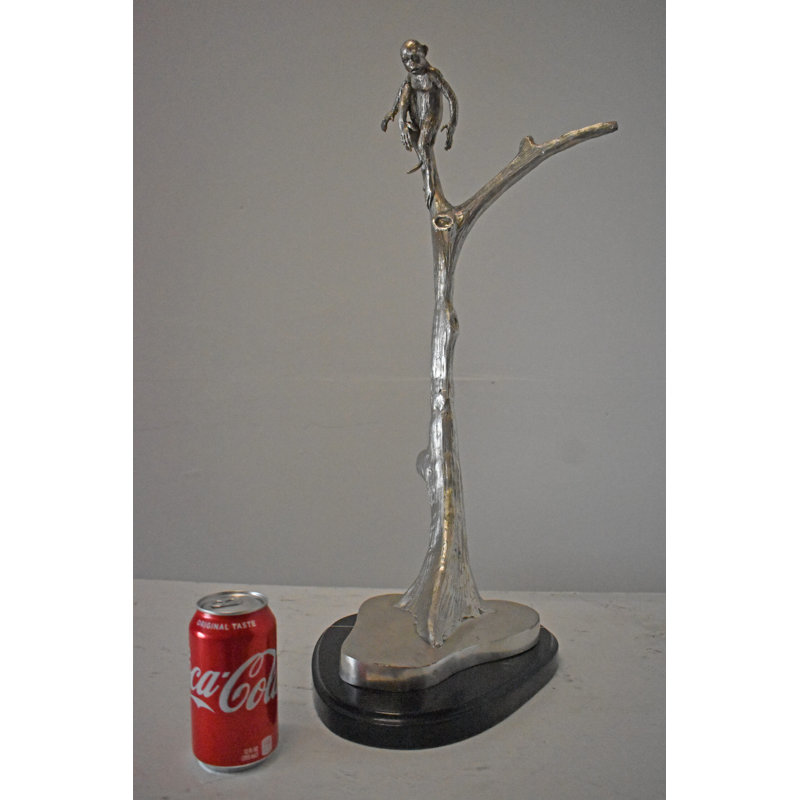Monkey Resting On A Tree Silver Finish Bronze Statue - Size: 12" X 13" X 27"H., Black/Sliver