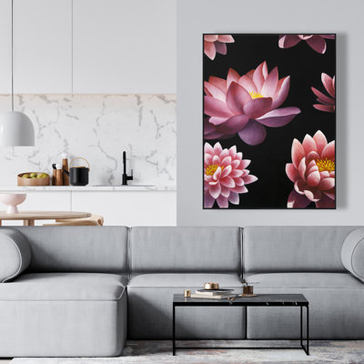Lotus Flower Pattern - Black Flowers Framed Canvas Decor