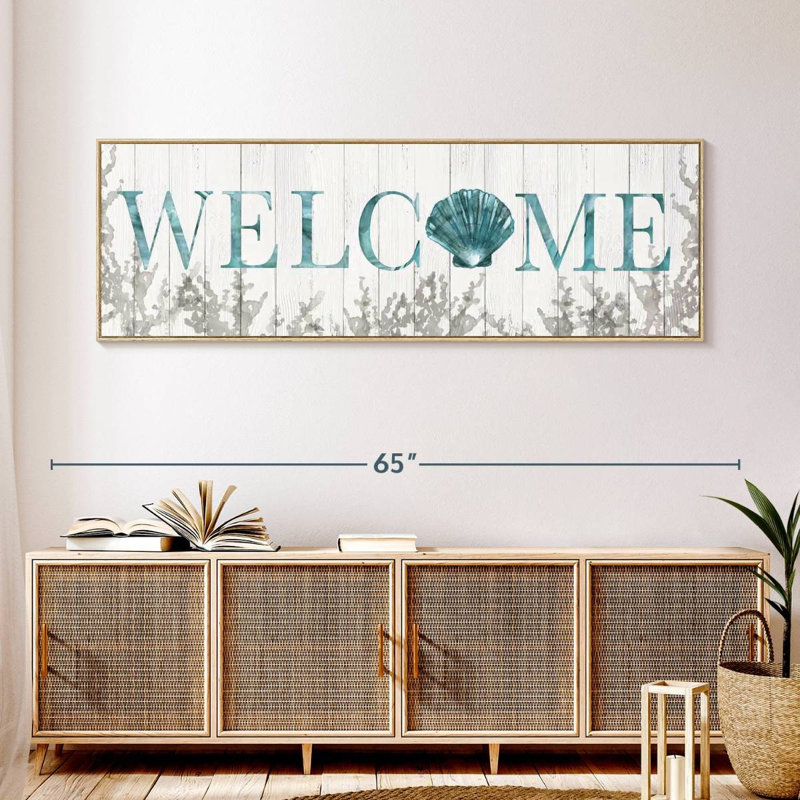 Plaque murale «Welcome Shell», Cadre flottant en bois naturel, 57 po x 19 po