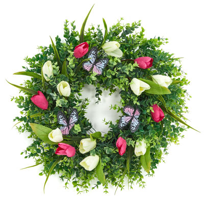 Couronne de tulipe 18 "avec papillons pour la porte d'entrée, couronne de tulipes artificielles rose et blanche
