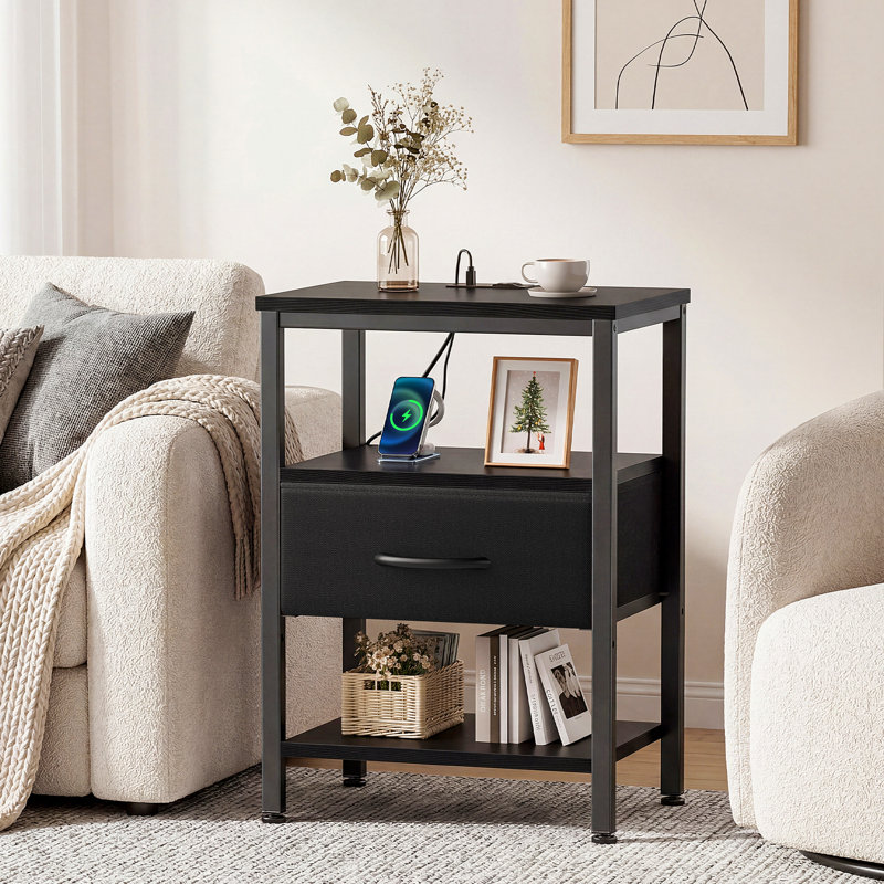 Nightstand with Built-in Charging Station, Bedside Table with Adjustable Fabric Drawer and 3-Tier Storage End Table, Black