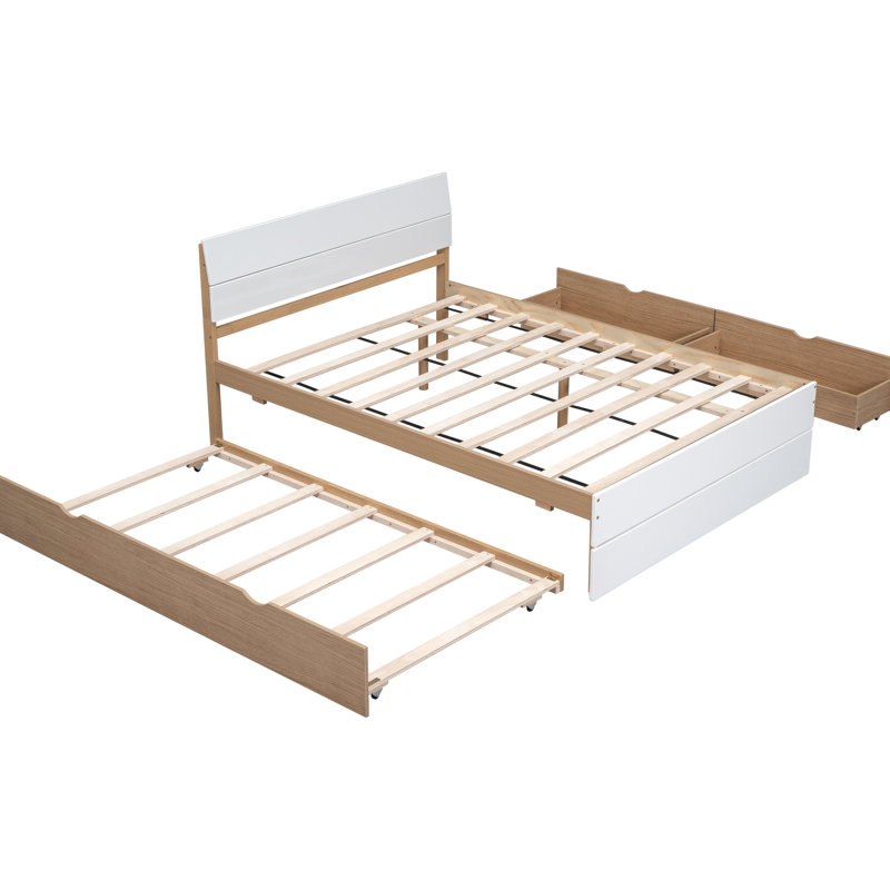 Modern Full Bed With Twin Trundle And 2 Drawers In White High Gloss. Materials. Contemporary Style. Space Solution. Simple Assembly Instructions Elegant Size Convenient Organizing Oak
