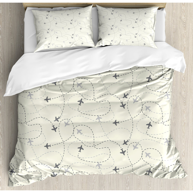 Beige and Gray Airplane Pattern Polyester Duvet Cover Set