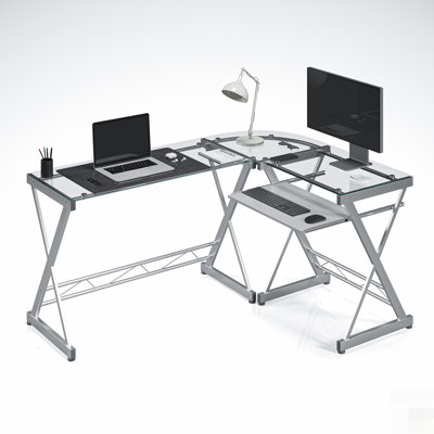 L-Shaped Tempered Glass Top Computer Desk with Pull Out Keyboard Panel, Clear and Durable for Modern Workspaces