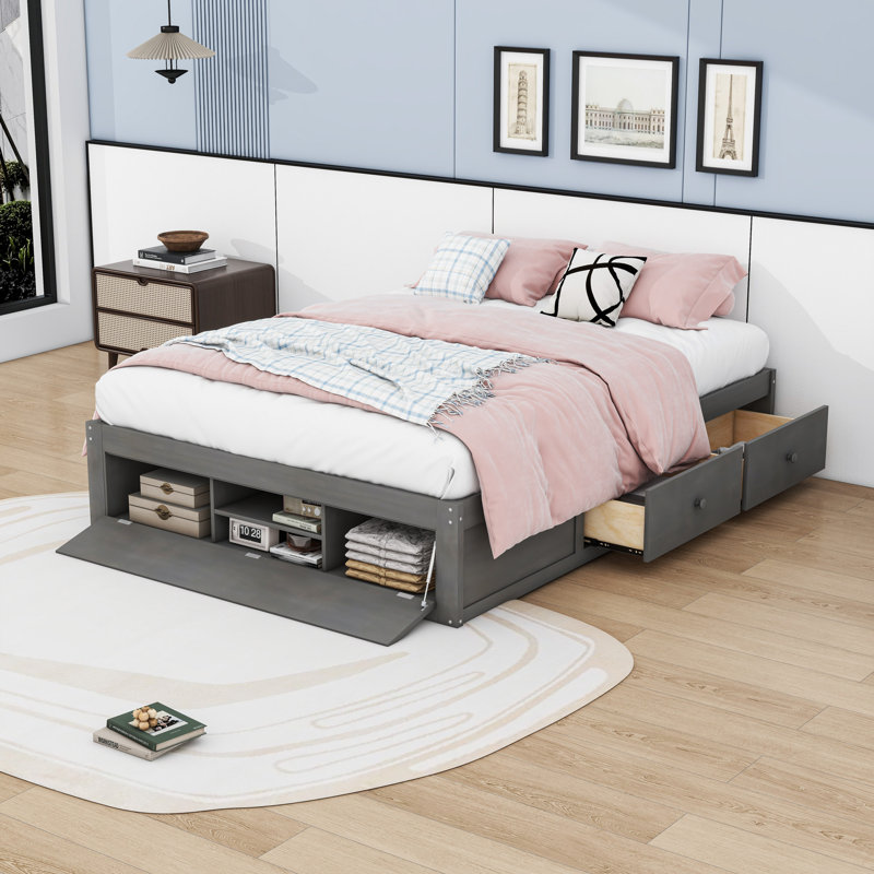 Grand lit plateforme en bois avec quatre tiroirs, Gris antique