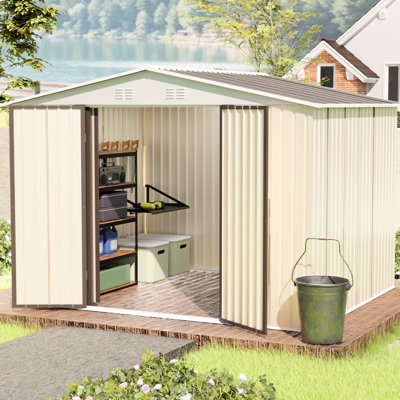 Abri de jardin extérieur de 3 x 2,4 m (10 x 8 pieds) de couleur blanc crème avec structure en aluminium, porte à charnières et trous de ventilation, deux canaux