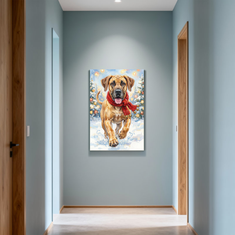 Animaux, chien dans la neige avec arbres de Noël et écharpe, H 24 po x l 16 po