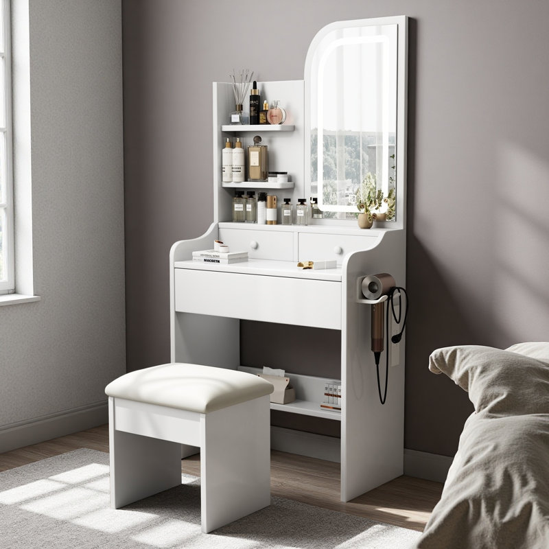 Elegant Vanity Desk Set With Led Lighted Mirror - Adjustable 3-color Lighting, Hair Dryer Holder & Storage Drawers, White Makeup Table With Chair