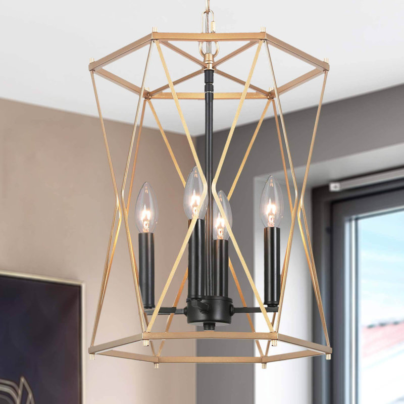 4 - Light Dimmable Lantern Geometric Chandelier, Matte Gold