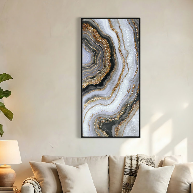 Décoration murale abstraite 20 po x 40 po, toile noire et dorée avec pierres incrustées, peinte à la main, idéale pour la maison, la chambre à coucher et le restaurant, toile, décor professionnellement polyvalent