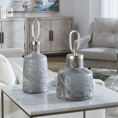 Ensemble de 2 bouteilles décoratives en verre anthracite / taupe / argent Maddy