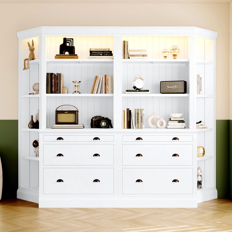 White Adjustable Corner Wood Bookcase Suite with LED Lighting