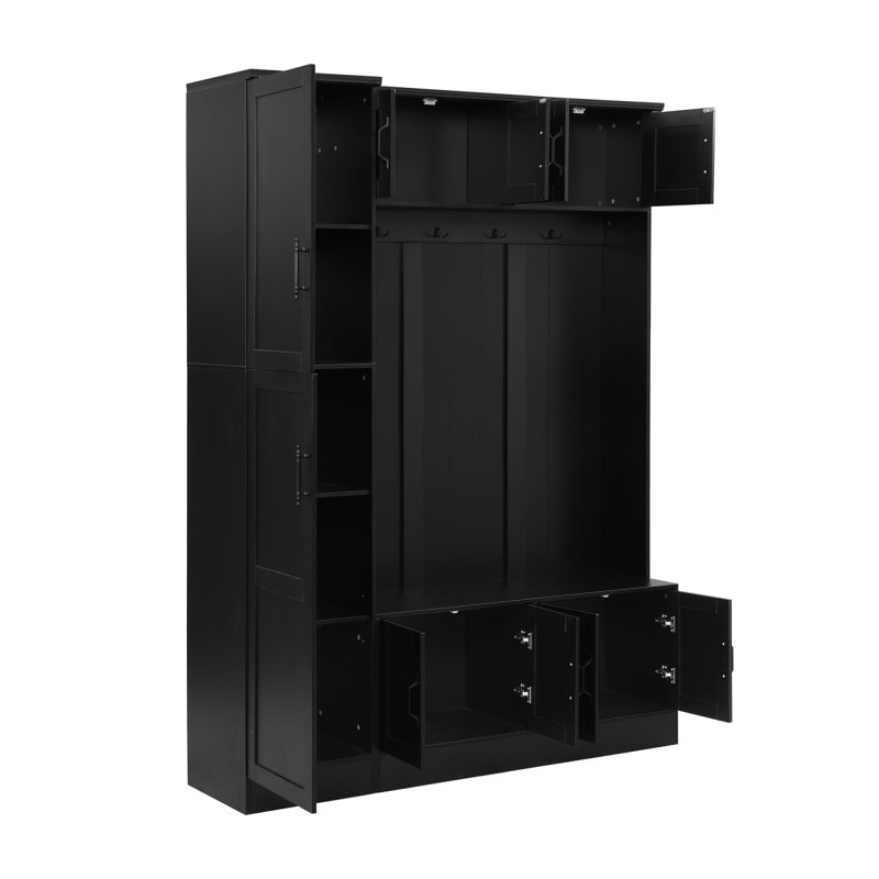 VIBE HAUS 79'' Tall Modern Hall Tree With Shoe Storage, 4-In-1 Entryway Bench With 6 Cabinets, 4 Coat Hooks & Adjustable Shelf For Hallway, Living Room, Black