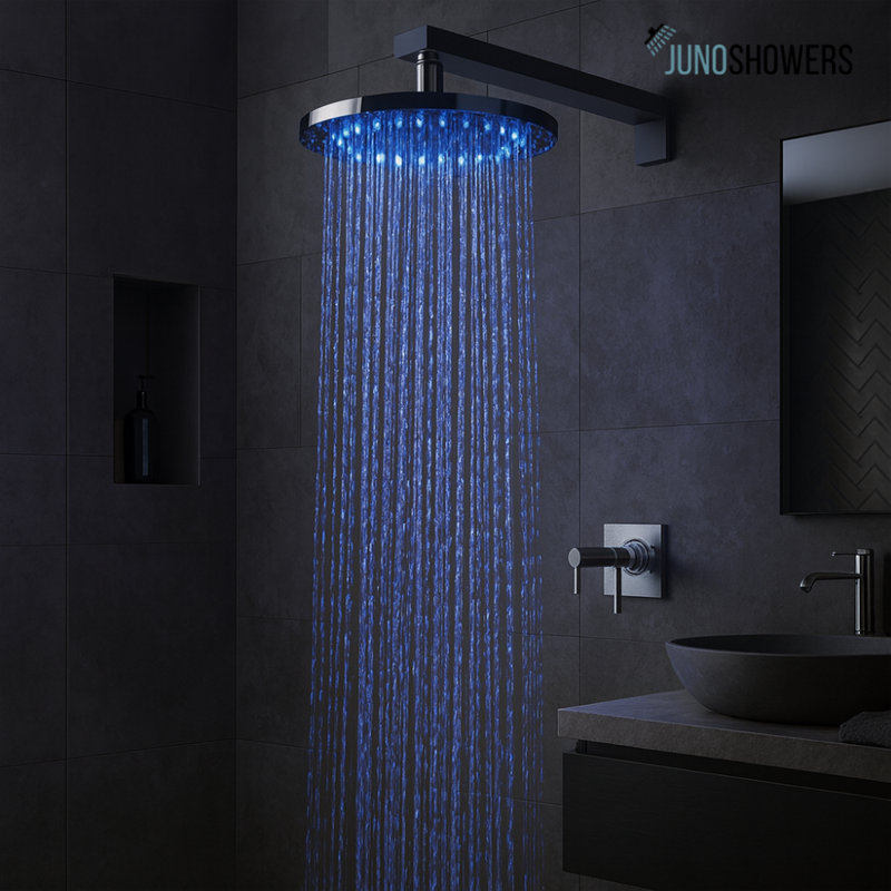 Juno Contemporary Chrome Finish Round LED Shower Head – Wall-Mounted Rainfall Design