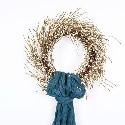 Couronne de sapin artificielle 24 po pour porte d'entrée avec écharpe bleu sarcelle 24 po