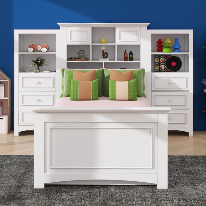 Lit plateforme simple en bois avec armoire intégrée verticale et ensembles de tiroirs doubles de chaque côté, Blanc