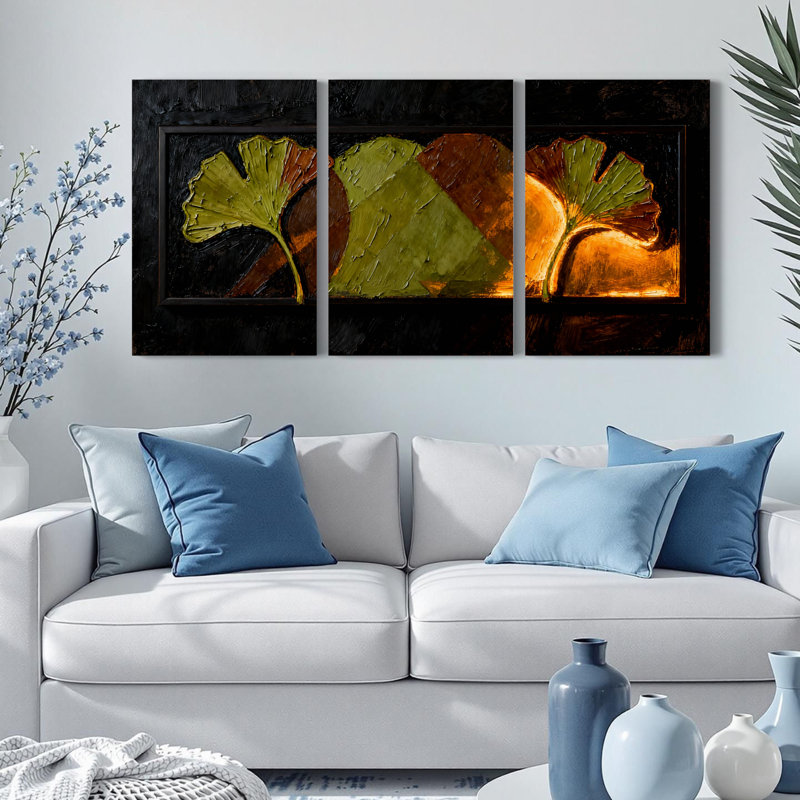 Tableau abstrait sur toile tendue, motif feuille de ginkgo, style contemporain moderne (paquet de 3), H 18 po x l 36 po