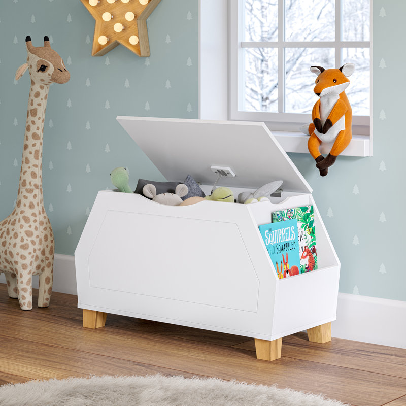 RiverRidge Kids Playroom Catch-All Game and Toy Storage Organizer Box with Side Bookshelves, White