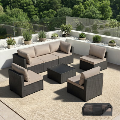  Ensemble de conversation d'extérieur 7 pièces, ensemble modulaire d'extérieur pour patio, canapé modulaire en rotin et osier pour jardin, bord de piscine, balcon, porche, patio, noir / kaki