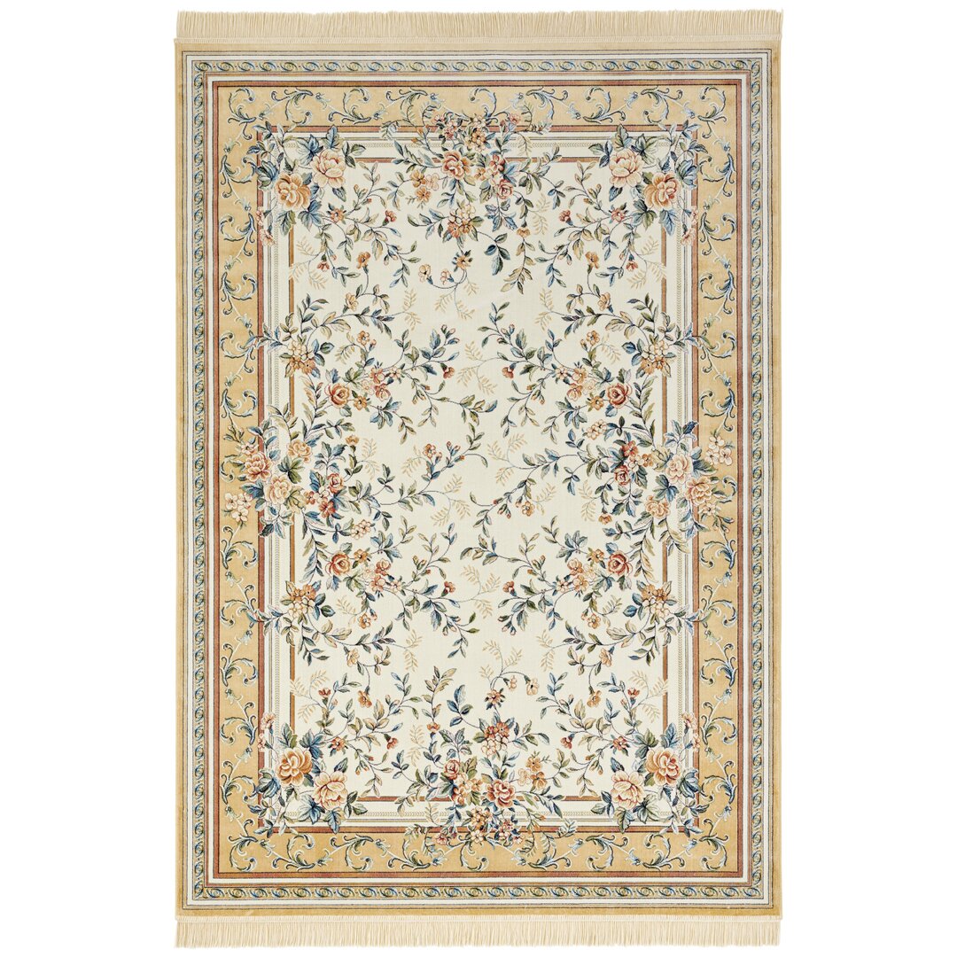 Oriental Flowers Orient Teppich - Orientalischer Kurzflor mit Fransen für Wohnzimmer - Creme Cord