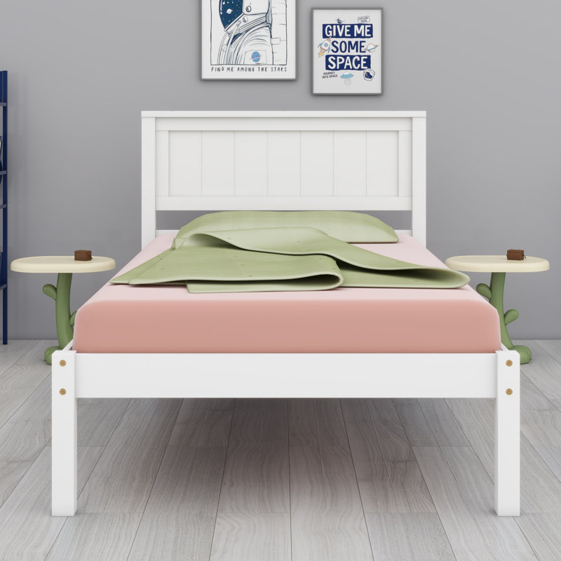 Structure de lit plateforme avec tête de lit, support en lattes de bois, Blanc