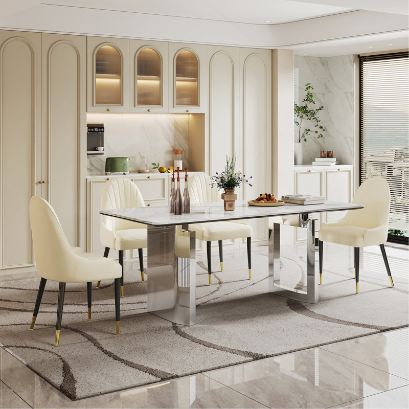Table de salle à manger rectangulaire en acier fritté de 0,47 po d'épaisseur avec base en acier inoxydable, Blanc