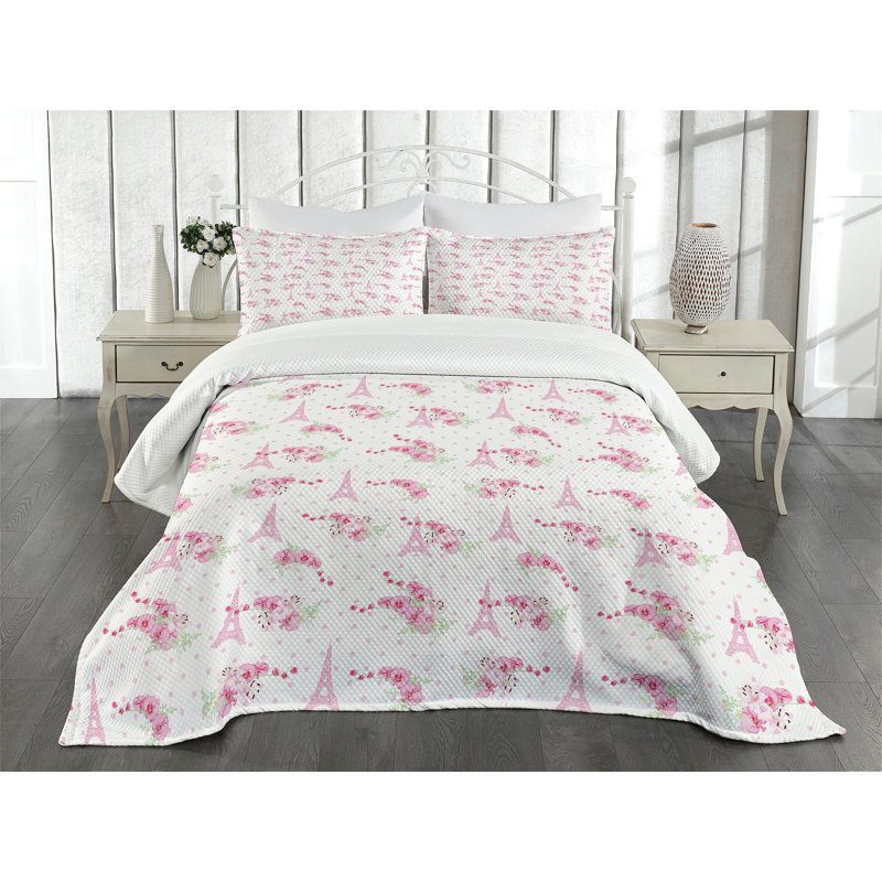 Ambesonne Eiffel Bedspread Set  Springtime Polka Dots  Pale Pink Green White, King Coverlet / Bedspread + 2 Standard Shams