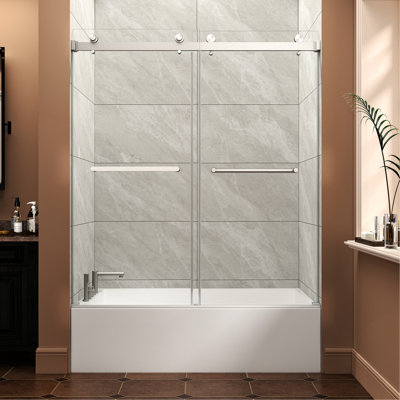 Porte de douche coulissante réversible double en nickel brossé l 55 po x H 60 po, rail en L, conception imperméable, glissières latérales Shake 5/8 po, verre trempé de 8 mm, conception