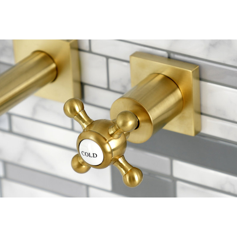 Kingston Brass Manhattan Two-Handle 3-Hole Wall Mount Roman Tub Faucet, Brushed Brass, Cross Round