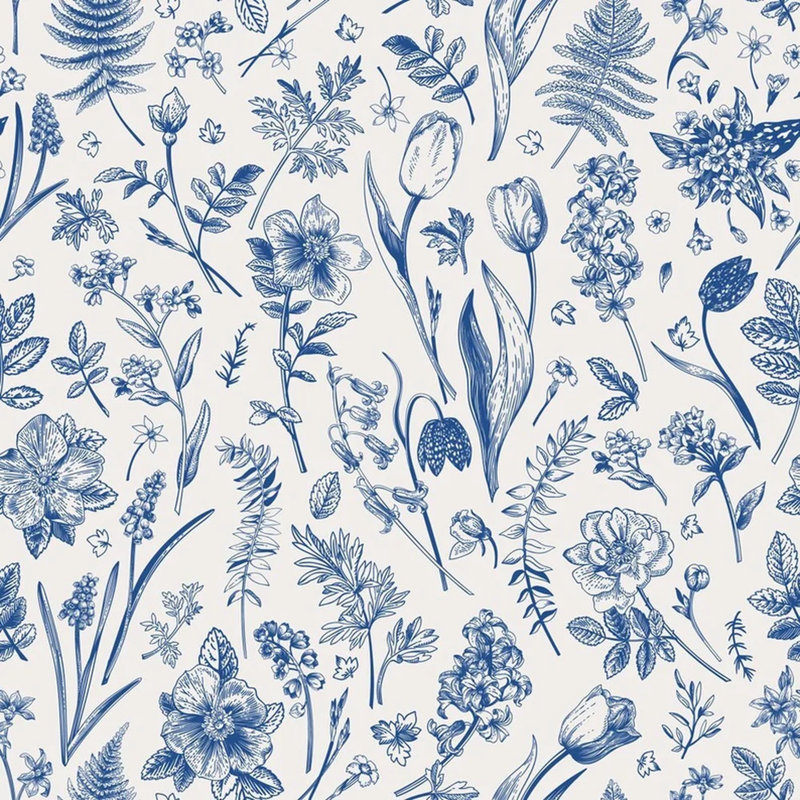 Blue Botanical Harmony - Papier peint floral style encre rétro, L 96 po x l 108 po