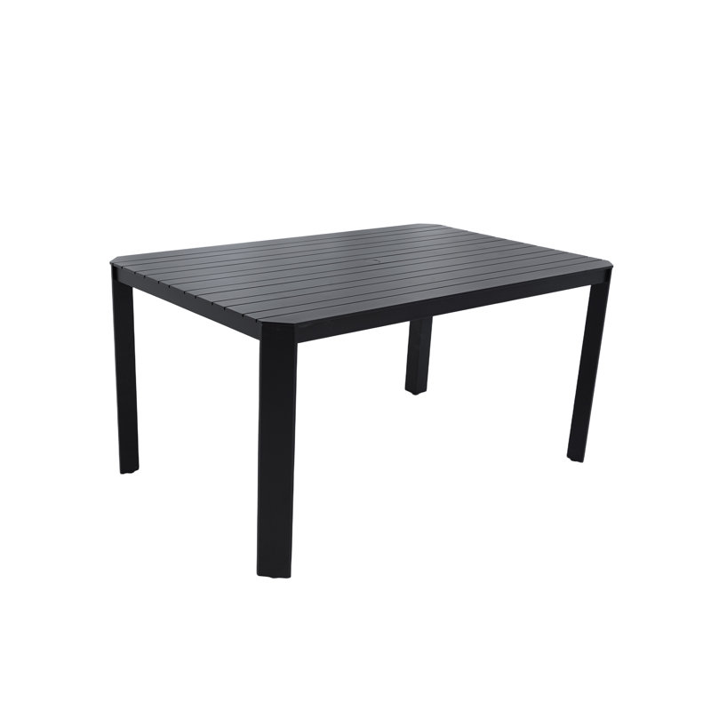 Table de salle à manger d'extérieur, table de patio rectangulaire en aluminium texturé avec pieds de poteau et trou pour parasol, 6 sièges