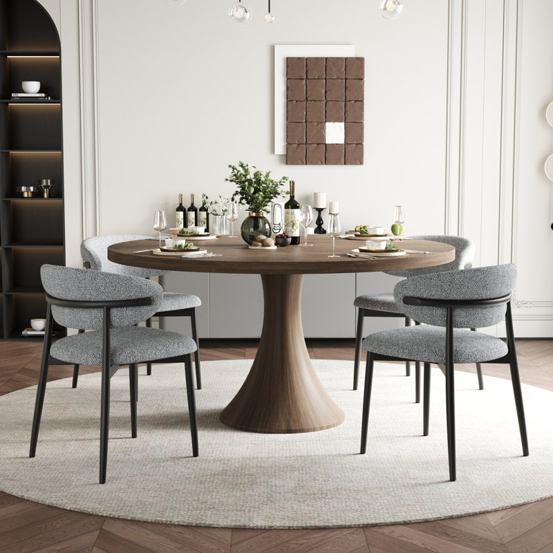 Ensemble de salle à manger à piédestal moderne en bois massif avec chaises rembourrées en tissu gris