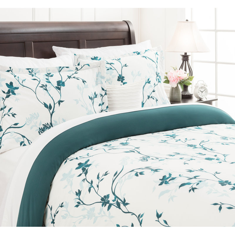 Teal Floral Print King Microfiber 3-Piece Duvet Cover Set