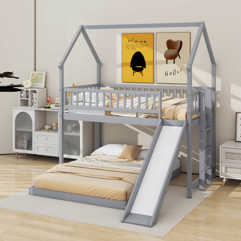 House Bunk Bed With Slide, Wood Twin Over Full L-Shape, Grey