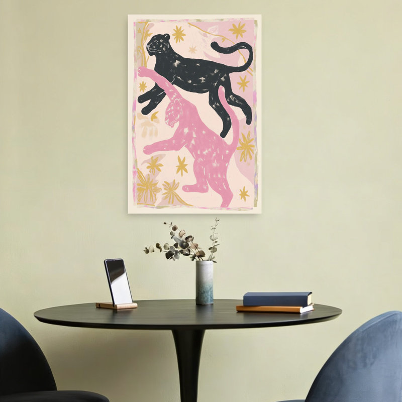 Pink Black Panthers Leap Abstract Energetic Modern Cat Nature Tropical Wall Art Print by Mathieu - Wrapped Canvas Print