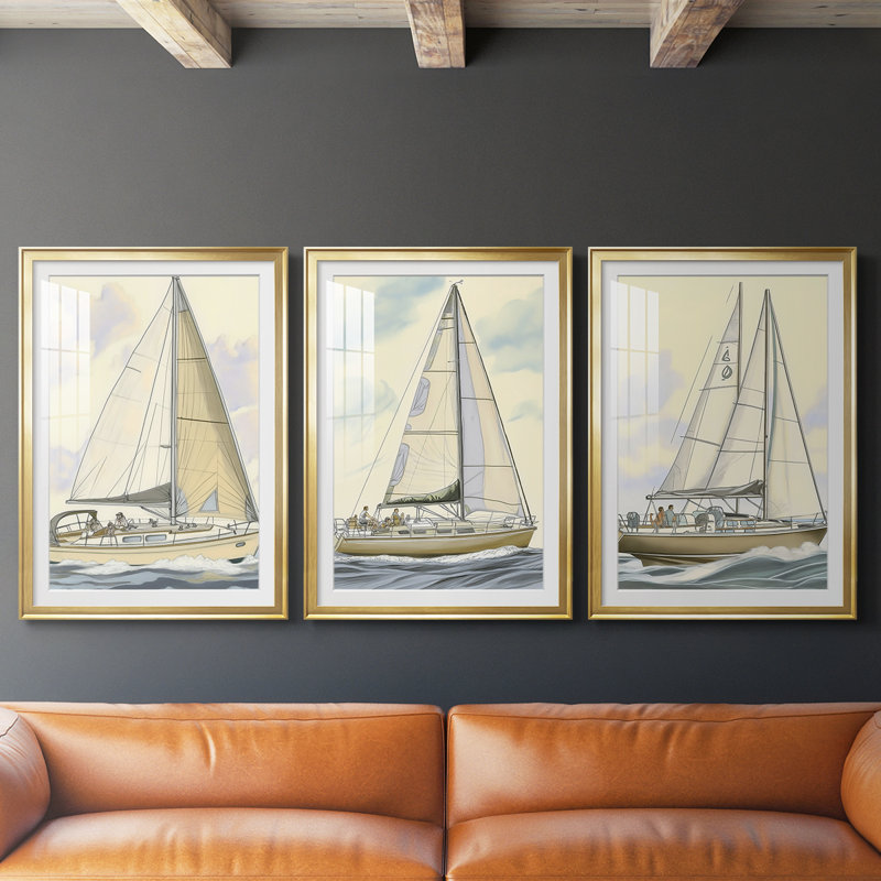 NAUTICAL Series CXIX - Impression sur mesure encadrée de qualité supérieure - 3 pièces, H 21 po x l 30 po, Doré