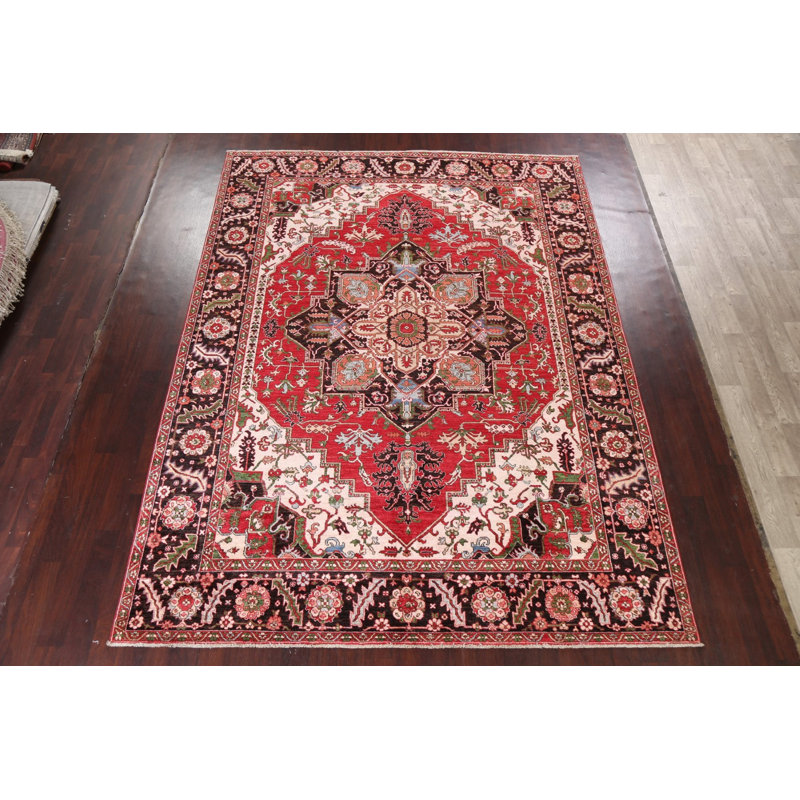 Tapis unique en laine teint à la main rouge / vert / ivoire / noir Heriz Serapi en laine noué à la main 9 pi x 12 pi