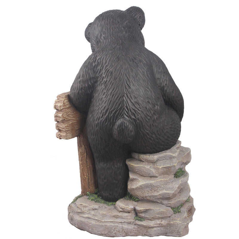 Black Polyresin Bear Holding Sign and Gnome Statue
