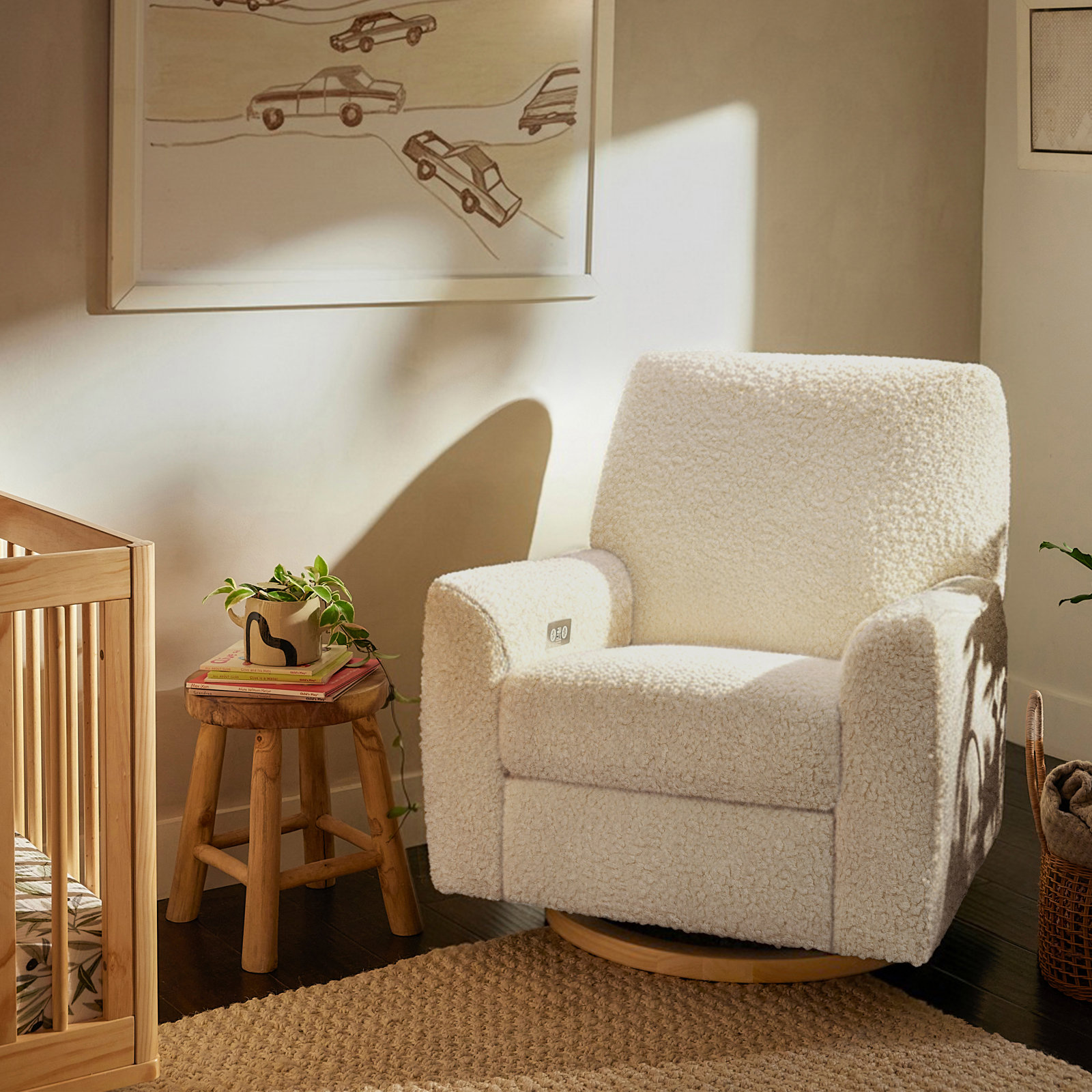 Sunday Power Recliner and Swivel Glider, Natural Wood, Cream Shearling