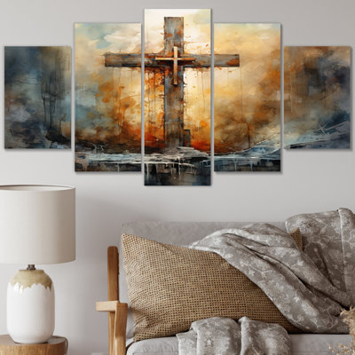 Croix d'un symbole puissant - reproduction d'art sur toile spirituelle - 5 panneaux