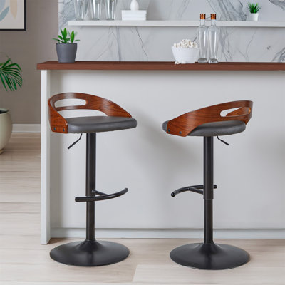 Tabouret de bar réglable avec pivot en métal, bois de noyer et similicuir avec repose-pieds rond en T - ensemble de 2